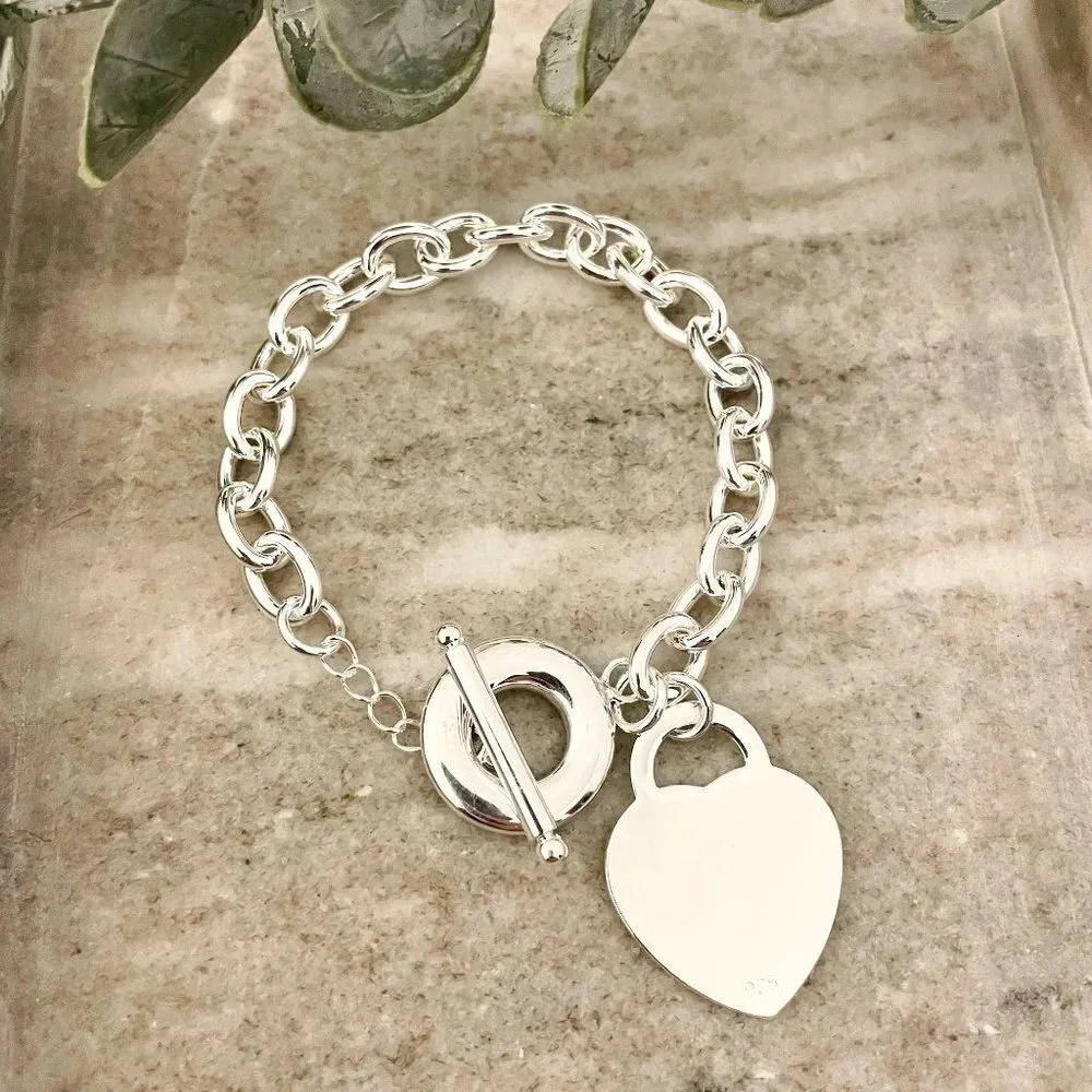 925 Sterling Silver Bead Heart Toggle Bracelet Chunky Thick Bold Link Bracelet